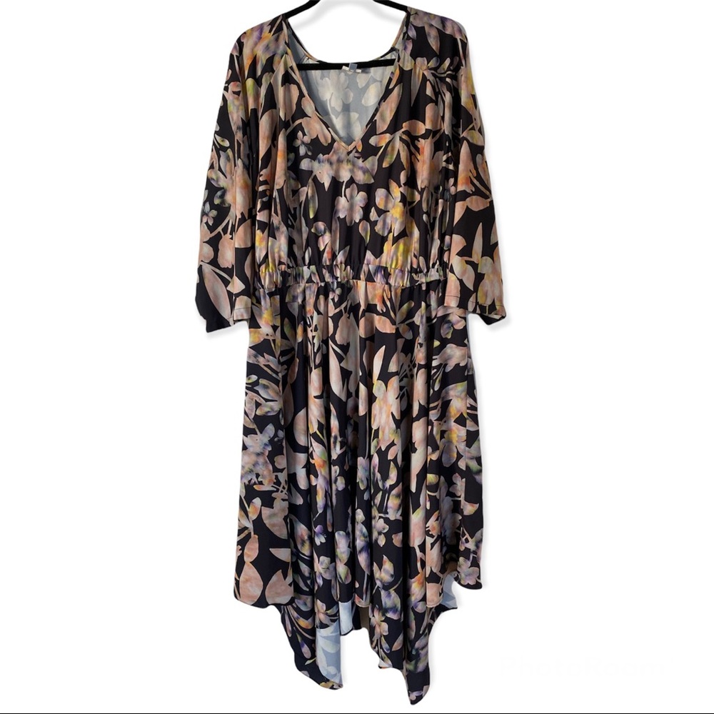 Meri Skye Kaleidoscope Floral Asymmetrical Hem Midi Dress 3/4 Sleeves Plus Sz 3X